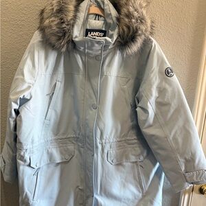 Lands' End Women's Sky Blue Heavy Weight Coat with Faux Fur Trim size 2X NWT